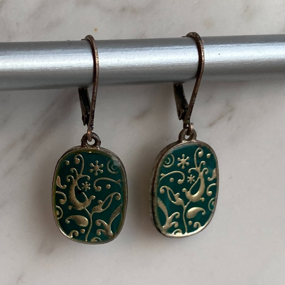 Flora and Fauna Teal Rectangle Dangle Earrings